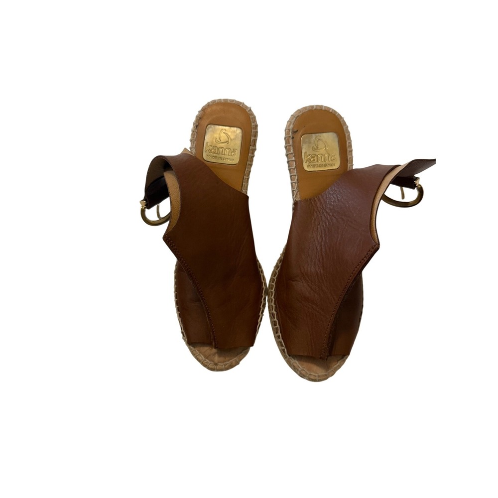 Kanna Made in Spain Brown Leather Espadrille Wedge Sandals Gold Buckle Size 37
